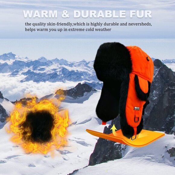 ⭐Unisex Black PU Black Leather Trapper Hat with Faux Fur Lining Warm Aviator Hat - Picture 2 of 7